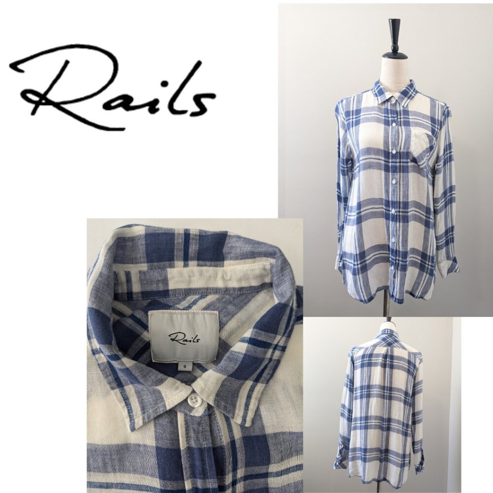 Rails White Blue Plaid Long Sleeve Button Down Linen blend Top
